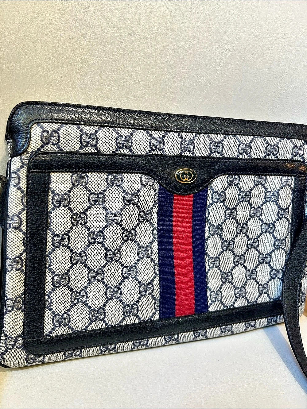 Gucci Vintage GG Supreme Navy Web Stripe Shoulder Bag Blue & White - Picture 2 of 16